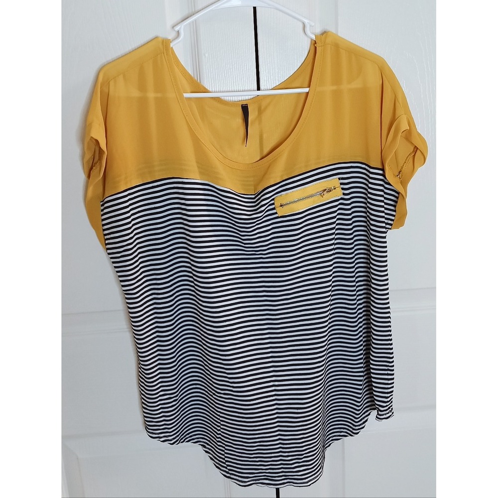 Unbranded Blouse Womens L Yellow‎ Striped Excellent Mixed Media Zipper Pocket
